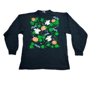 VINTAGE 90s Halloween Sweatshirt Womens Medium Black Pumpkin Ghost Alore